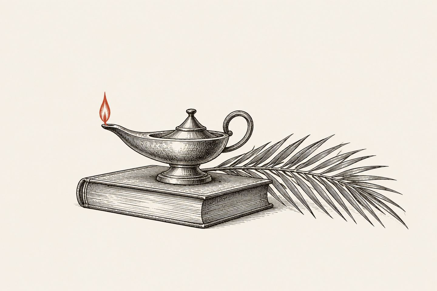 Ink drawing of a brass oil lamp with a red flame on a closed book beside a palm frond.