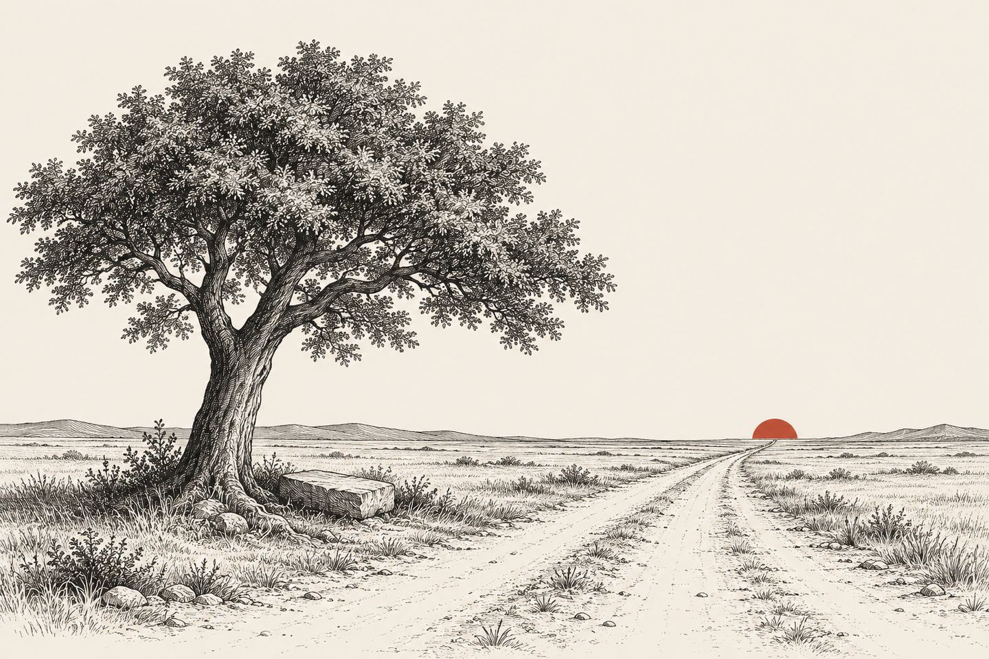 Ink drawing of a lone shade tree beside a dirt road that runs on to a low red sun on the horizon.