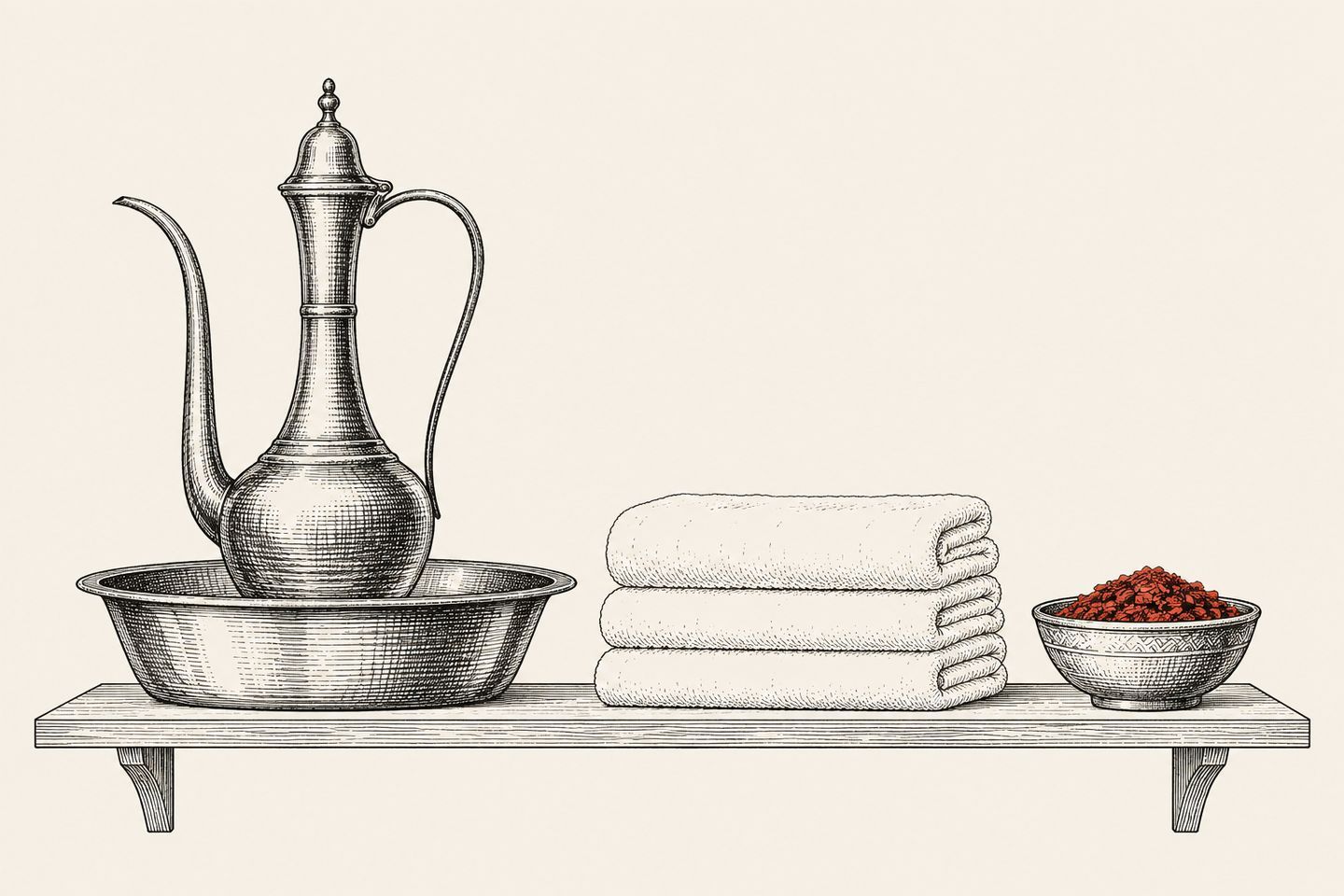 A brass ewer and basin, folded white towels and a bowl of sidr leaves.