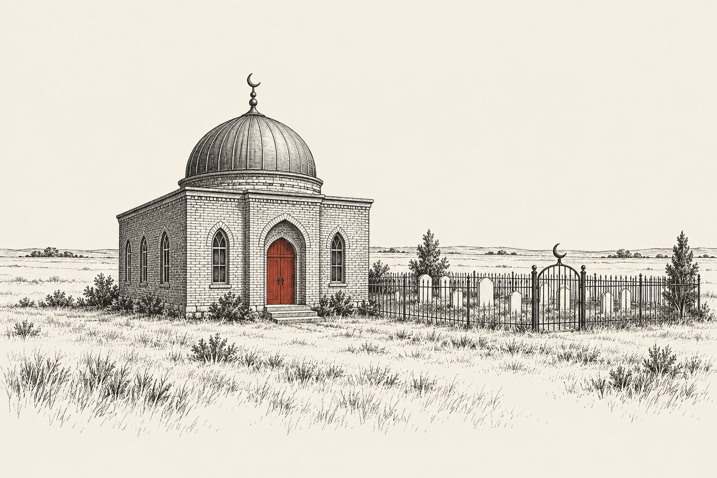 Ink drawing of a small domed brick masjid with a red door on the prairie, beside a fenced Muslim cemetery.