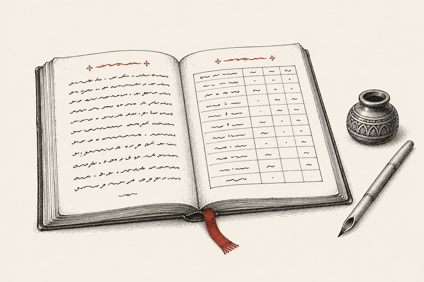 Ink drawing of an open handwritten book with a ruled table, a reed pen and an inkwell.