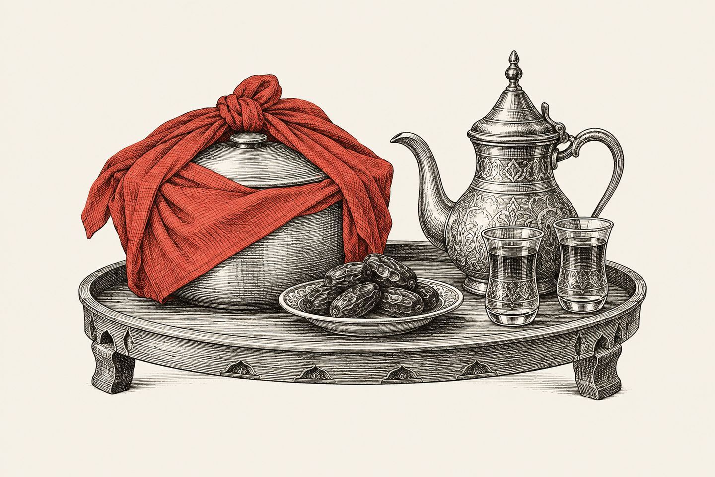 A covered pot tied in a red cloth, a plate of dates and a teapot on a tray.