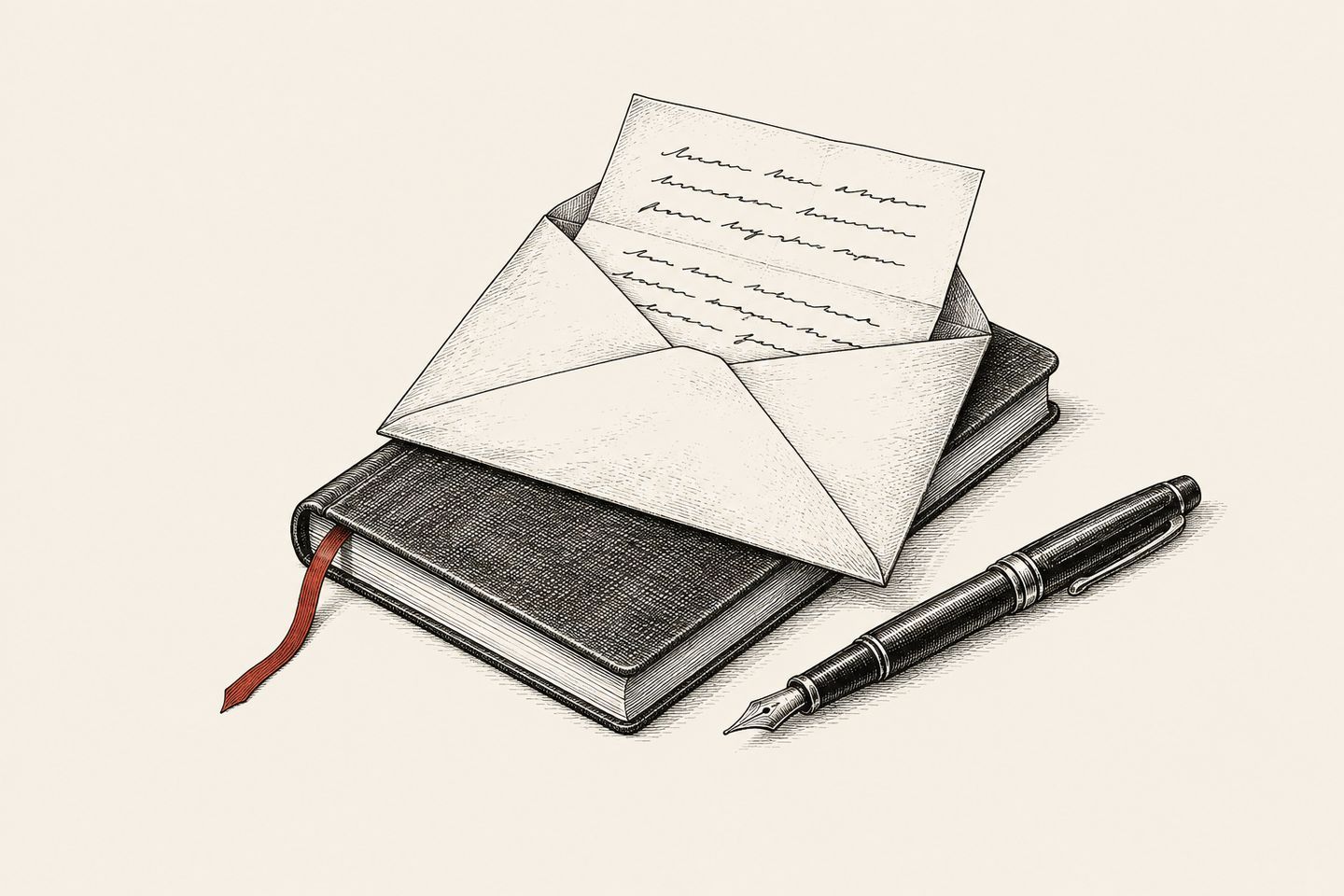 Ink drawing of a handwritten letter in an envelope on a notebook, with a fountain pen.